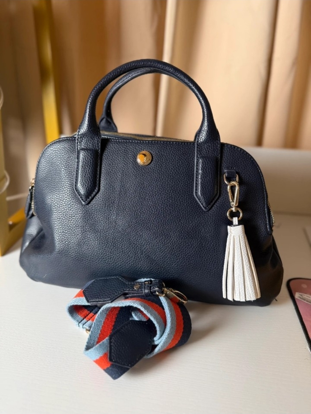 Nine West Classic Navy Leather Top-Handle Bag with Tassel